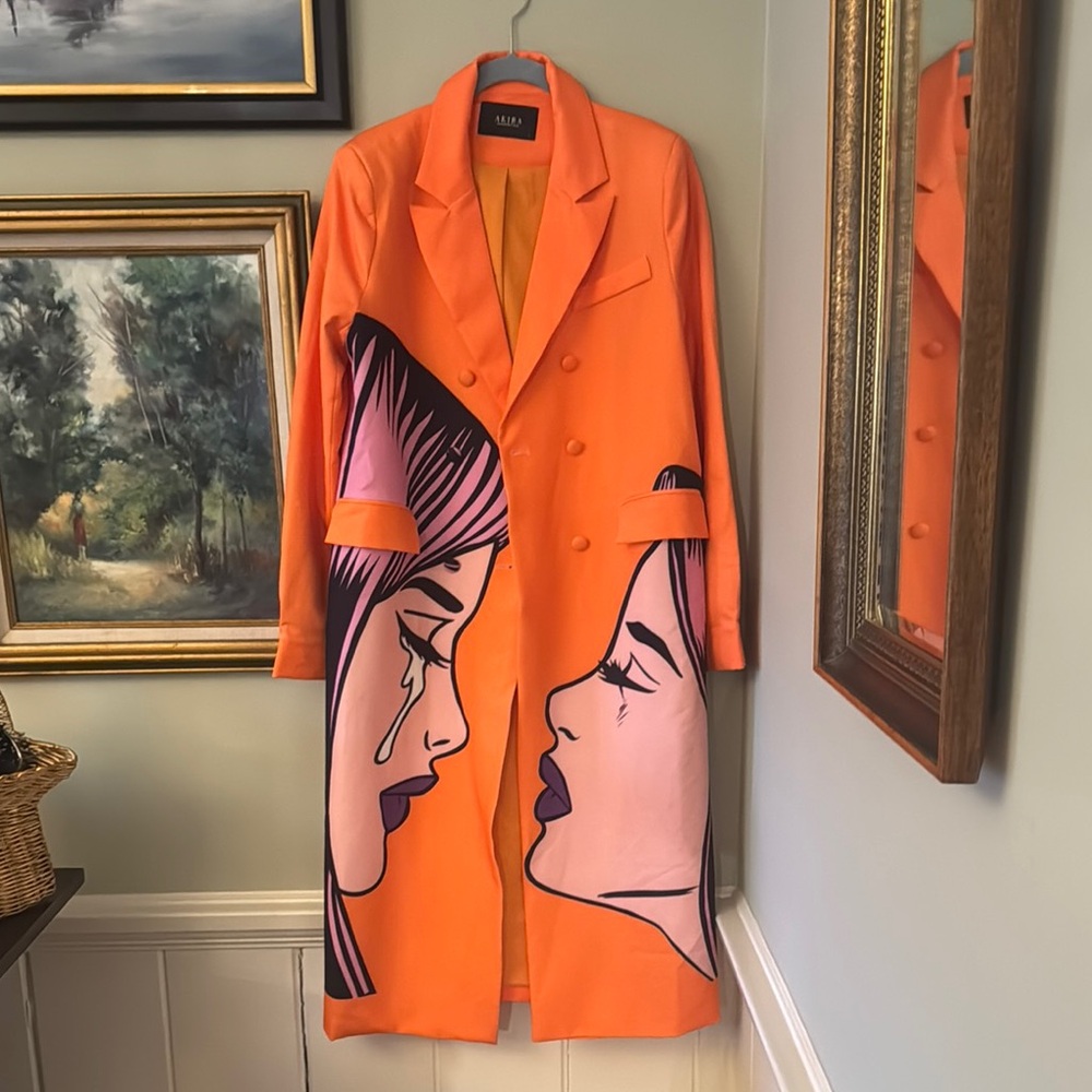Akira Crying Faces Cry Orange Graphic Women's Coat Jacket Small S